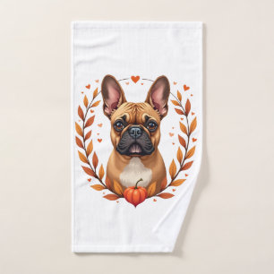 Vintage French Bulldog with Autumn Leaf Wreath and Hand Towel