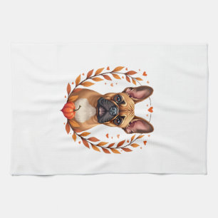 Vintage French Bulldog with Autumn Leaf Wreath and Kitchen Towel