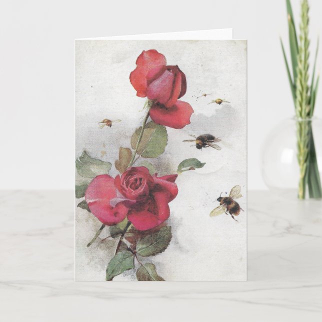 Vintage French Bumblebee Rose Blank Greeting Card (Front)