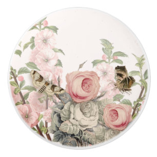 Vintage French Butterfly Blush Pink Floral Foliage Ceramic Knob