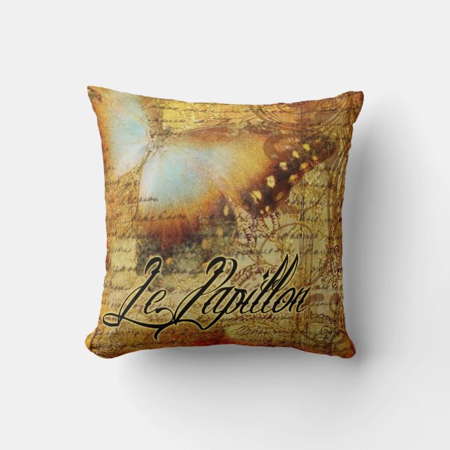 Vintage French Butterfly Le Papillon | amber Throw Pillow (Front)