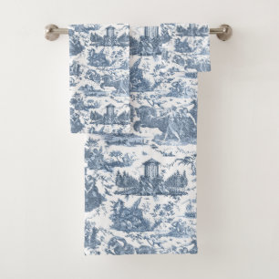 Vintage French Chariot of Dawn Toile de Jouy-Blue Bath Towel Set