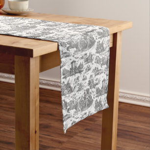 Vintage French Chariot of Dawn Toile de Jouy-Grey Long Table Runner