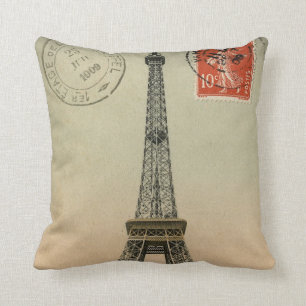 Vintage French Chic Eiffel Tower Paris Postcard Throw Pillow