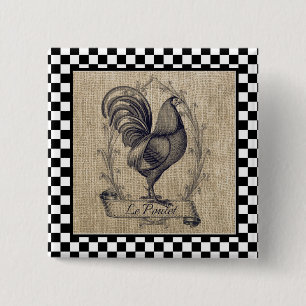 Vintage French Chicken on Chequerboard 2 Inch Square Button