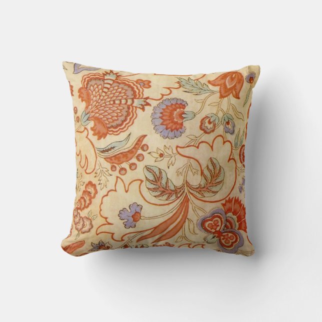 Vintage French Chintz Floral Antique Terracotta Throw Pillow (Front)