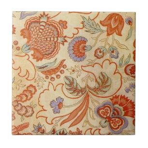 Vintage French Chintz Floral Antique Terracotta Tile