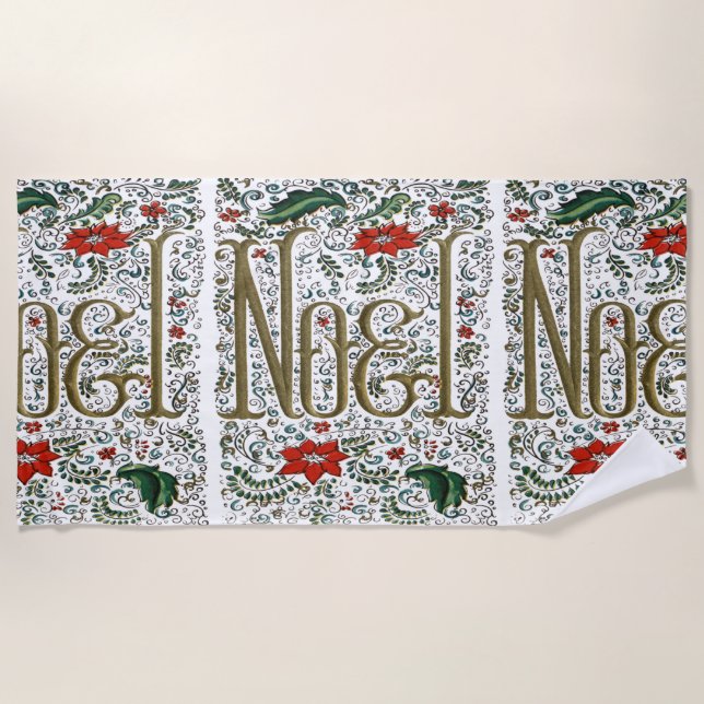 vintage french christmas poinsettia joyeux noel beach towel (Front)