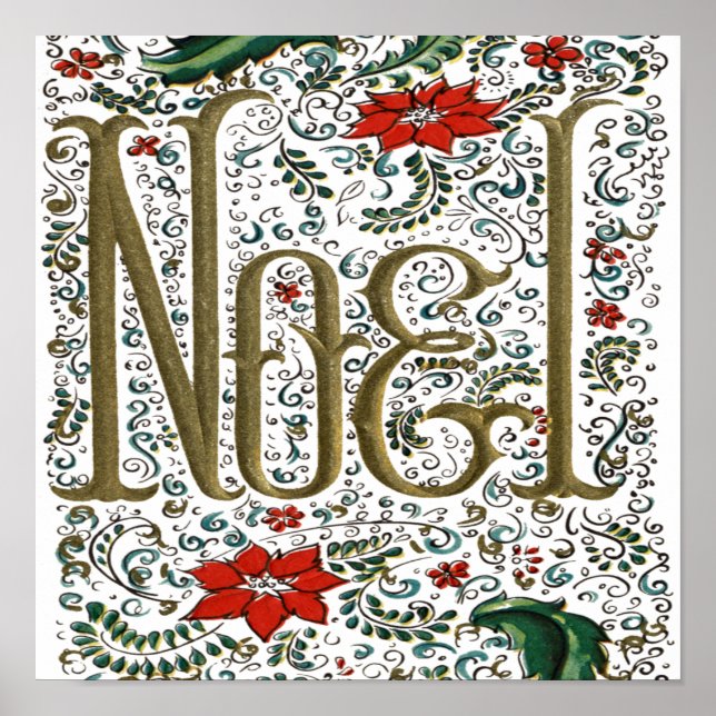 vintage french christmas poinsettia joyeux noel poster (Front)
