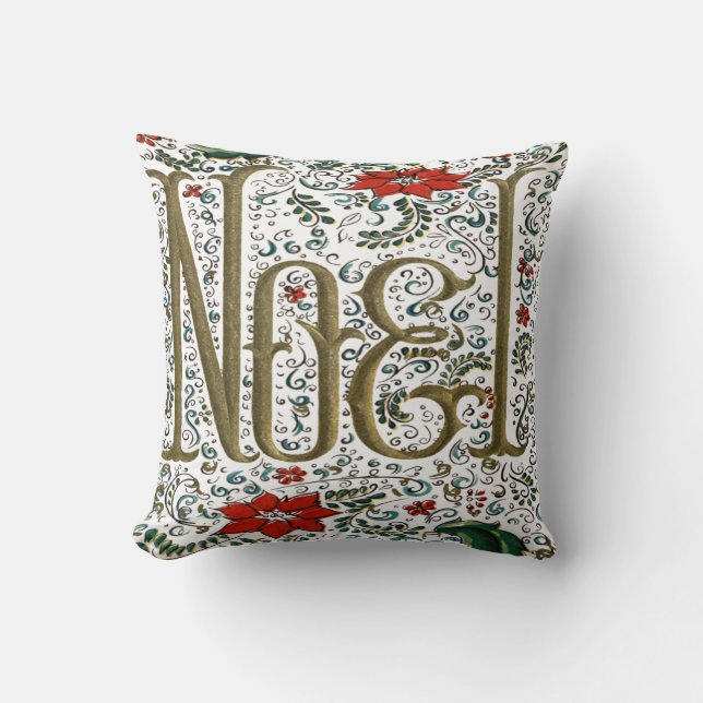 vintage french christmas poinsettia joyeux noel throw pillow (Front)