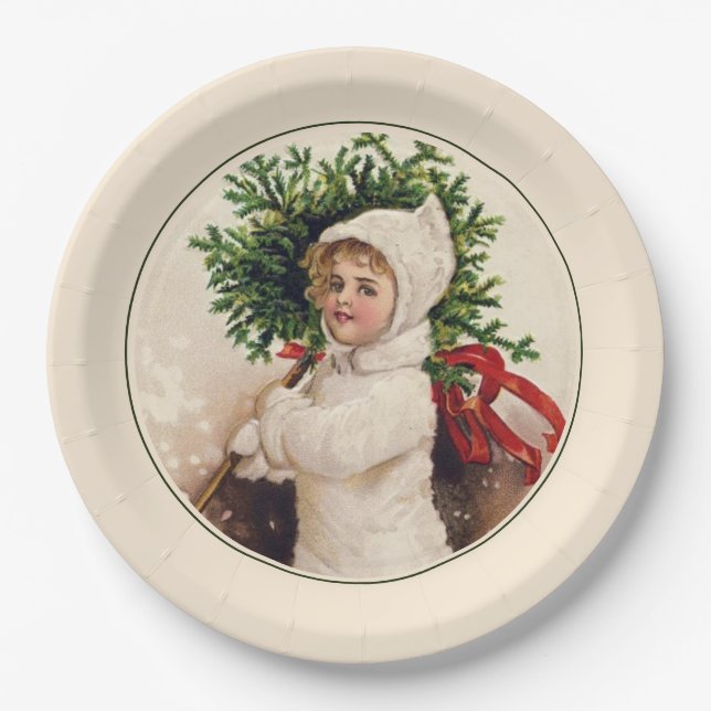 Vintage French Christmas Tree Girl Holiday Paper Plate (Front)