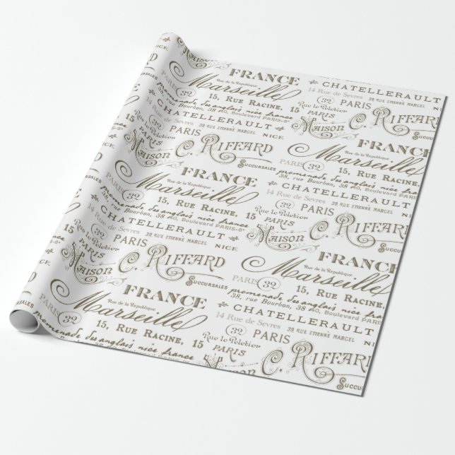 Vintage French City Names Paris Sepia Wrapping Paper (Unrolled)