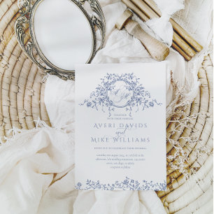 Vintage French Classic Elegant Blue Floral Wedding Invitation