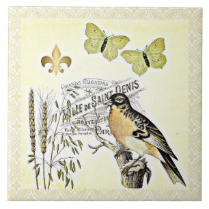 Vintage French Collage Bird Butterfly Fleur Tile