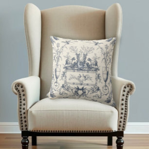 Vintage French Country Blue Toile Bird Sheep Goats Throw Pillow