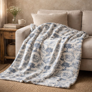  Vintage French Country "Blue Toile de Jouy " Fleece Blanket