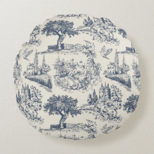  Vintage French Country "Blue Toile de Jouy " Round Pillow