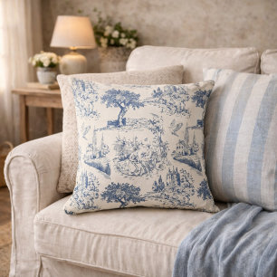  Vintage French Country "Blue Toile de Jouy " Throw Pillow