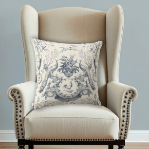 Vintage French Country Blue Toile Peacock Farm Throw Pillow