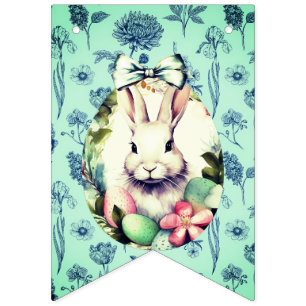 Vintage French Country Bunny & Blue Botanical Bunting Flags
