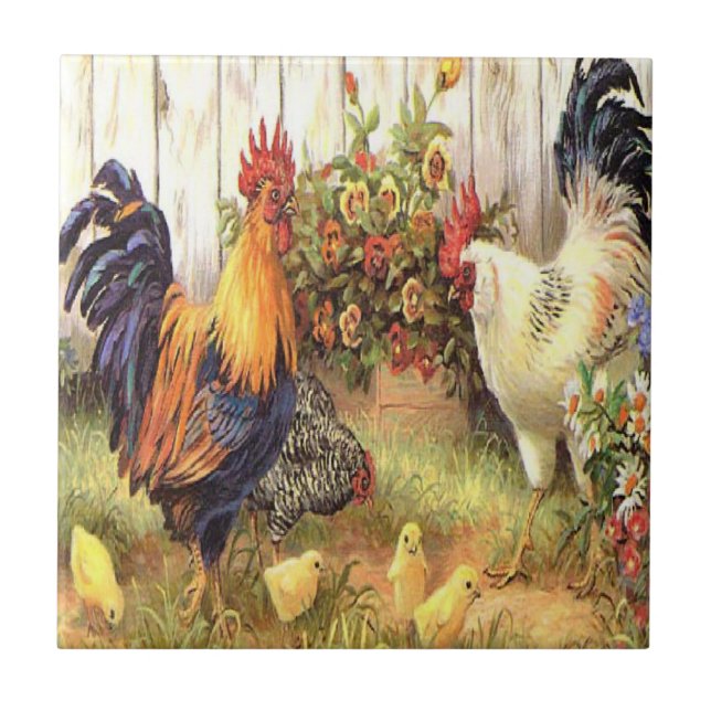 Vintage French Country Rooster Hen Ceramic Tile (Front)