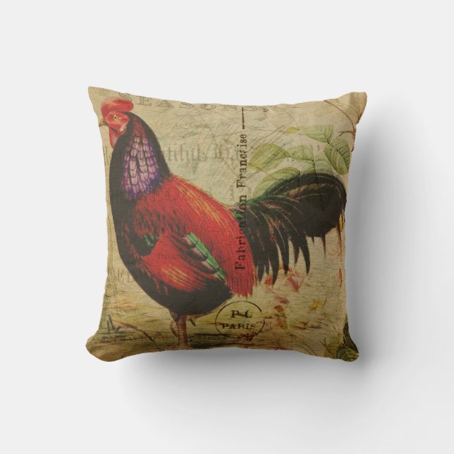 Vintage French Country Rooster Throw Pillow (Front)