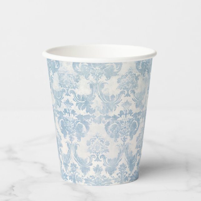 Vintage French Dusty Blue Damask Paper Cups (Front)