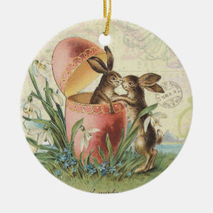 Vintage French Easter bunnies Ceramic Ornament