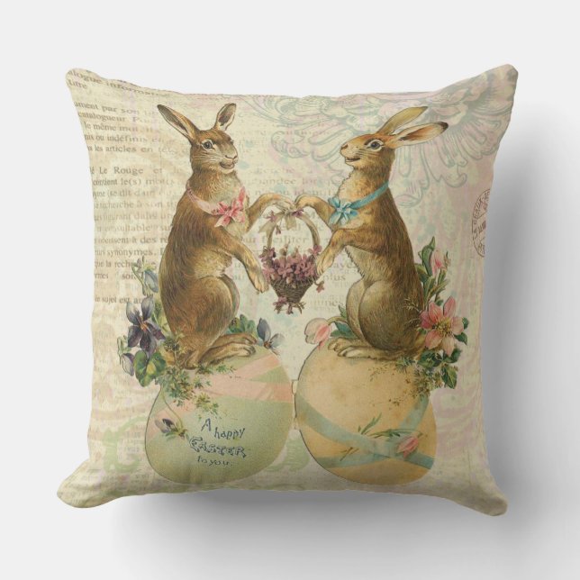 Vintage French Easter bunnies Throw Pillow (Front)