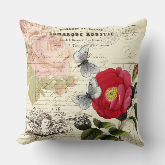 Vintage French Ephemera Roses Butterflies Collage Throw Pillow (Front)