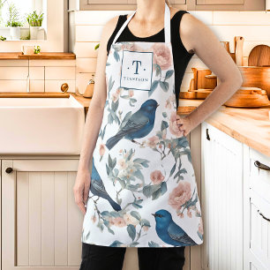 Vintage French Farmhouse Monogram Chinoiserie Navy Apron