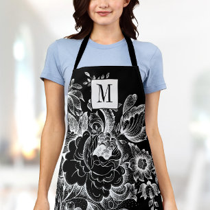 Vintage French Farmhouse Peony Monogram Chic Black Apron