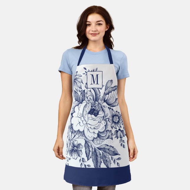 Vintage French Farmhouse Peony Monogram Navy Blue Apron (Worn)