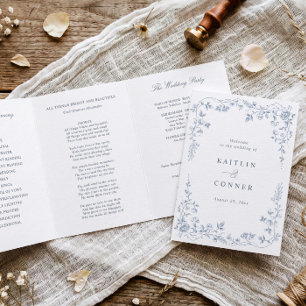 Vintage French Floral Dusty Blue Toile Wedding Tri-Fold Programme