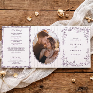 Vintage French Floral Eggplant Dark Purple Wedding Tri-Fold Programme