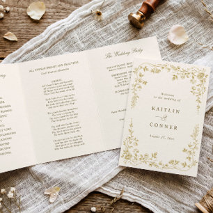Vintage French Floral Gold & Ivory Toile Wedding Tri-Fold Programme