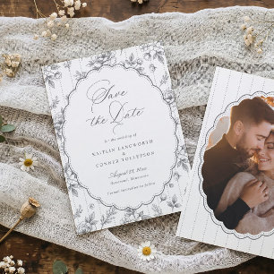 Vintage French Floral Silver Grey Photo Wedding Save The Date