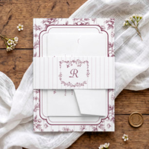 Vintage French Floral Stripes Wine Red Wedding Invitation Belly Band
