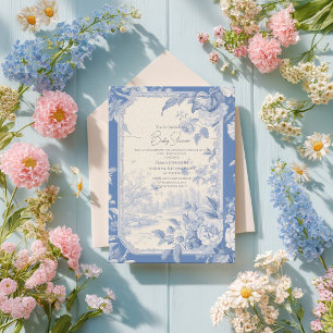 Vintage French Floral Toile Blue Baby Shower Invitation