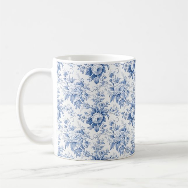 Vintage French Floral Toile Blue Coffee Mug (Left)