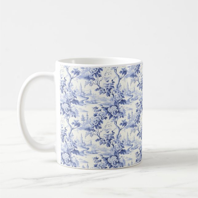 Vintage French Floral Toile Blue Coffee Mug (Left)