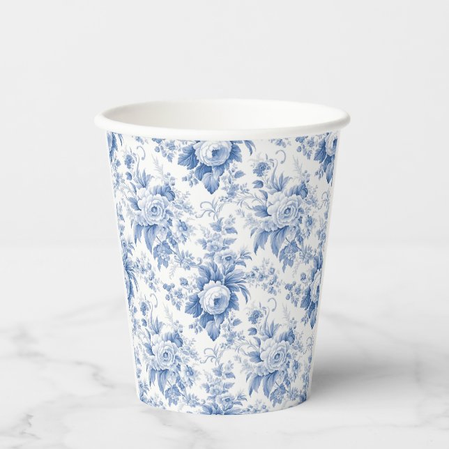 Vintage French Floral Toile Blue Paper Cups (Front)