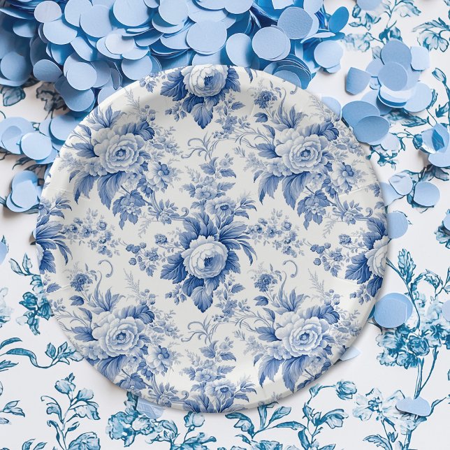 Vintage French Floral Toile Blue Paper Plate (Creator Uploaded)