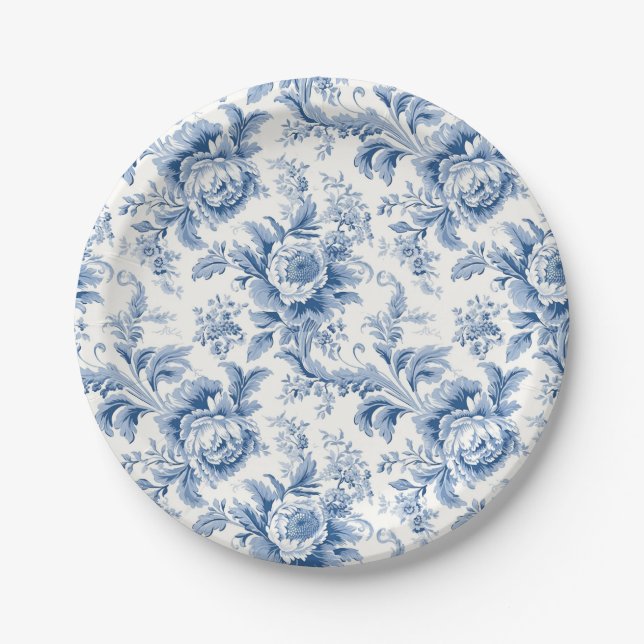 Vintage French Floral Toile Blue Paper Plates (Front)