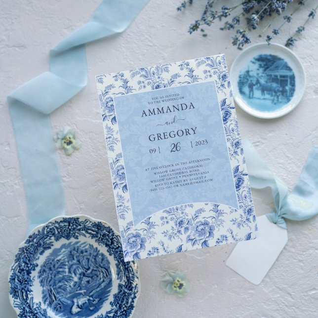 Vintage French Floral Toile Blue Wedding Invitation (Creator Uploaded)