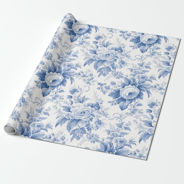 Vintage French Floral Toile Blue Wrapping Paper (Unrolled)