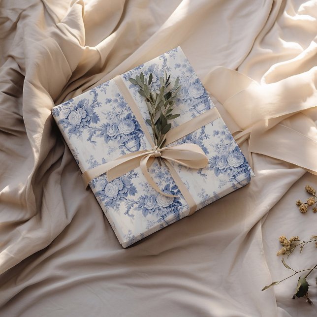 Vintage French Floral Toile Blue Wrapping Paper (Creator Uploaded)