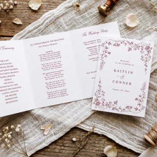 Vintage French Floral Toile Burgundy Red Wedding Tri-Fold Programme
