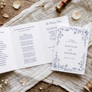 Vintage French Floral Toile Navy Blue Wedding Tri-Fold Programme