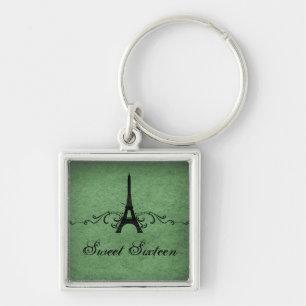 Vintage French Flourish Sweet 16 Keychain, Green Keychain